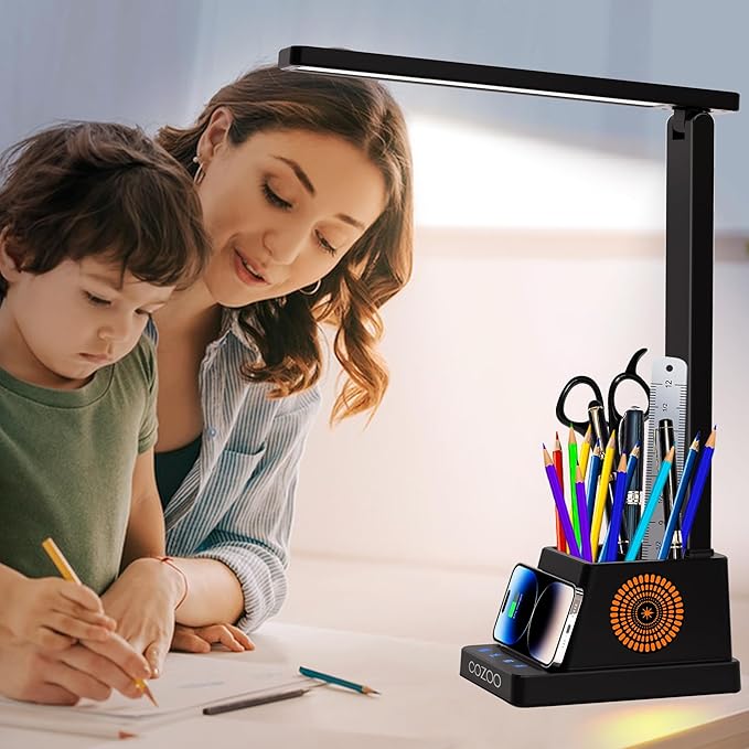 cozoo Desk Lamp,LED Desk Lamps for Home Office,Wireless Charger Small Desk Lamp with Pen Holder,Color Changing Nightlight,12 Lighting Modes,Desk Lamp for College Dorm Room,Desk Light,Nail Desk Lamp