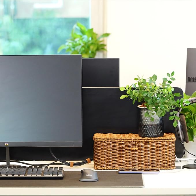 BROWNLILY Rattan Wire Storage Box, Handmade Cord Organizer for Desk Cord Hider Outlet Covers Baby Proofing for Power Strip TV PC Router Charger Under Desk Cable Management Box