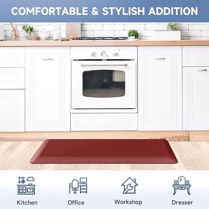 4/5 Inch Thick Kitchen Mat Anti Fatigue Mat Kitchen Rugs Kitchen Decor Non-Slip, Stain Resistant, Waterproof Kitchen Mats Desk Mat for Kitchen, Office, Workshop, Red, 17'' x 60''