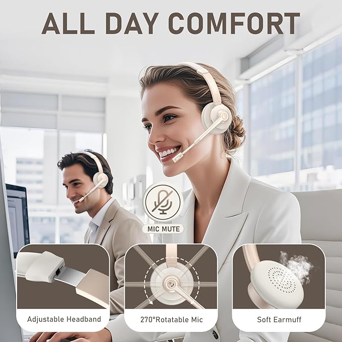 Wireless Headset, Bluetooth Headphones with Microphone Noise Canceling & USB Dongle, Trucker Bluetooth Headset with Mic Mute for Cell Phone Computer Work Office Meetings Teams Skype Call