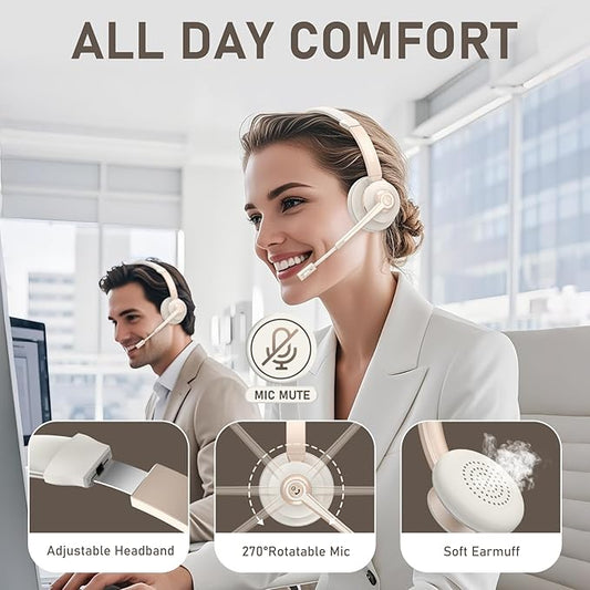Wireless Headset, Bluetooth Headphones with Microphone Noise Canceling & USB Dongle, Trucker Bluetooth Headset with Mic Mute for Cell Phone Computer Work Office Meetings Teams Skype Call
