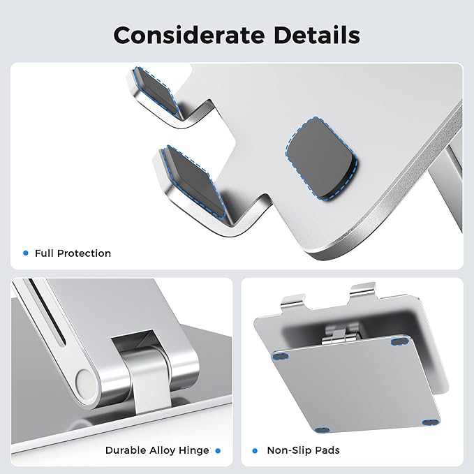 AboveTEK Laptop Stand, Adjustable Portable Computer Riser, Ergonomic Aluminum Notebook Desktop Holder for Desk, Compatible with MacBook Pro, Air, HP, Fits Up to 17 Inch Laptops, Silver