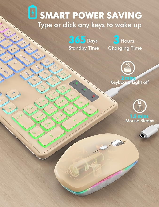 Wireless Keyboard and Mouse Combo - RGB Backlit, Rechargeable & Light Up Letters, Full-Size, Ergonomic Tilt Angle, Sleep Mode, 2.4GHz Quiet Keyboard Mouse for Mac, Windows, Laptop, PC
