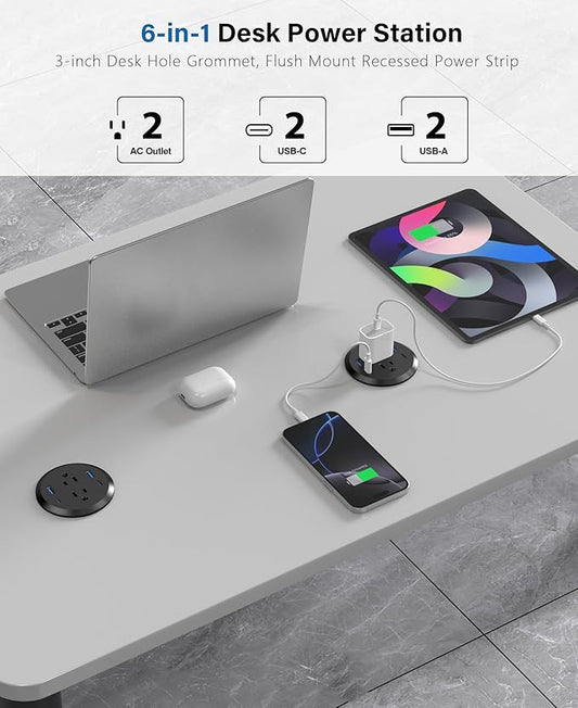 3 inch Desktop Power Grommet with PD 20W USB C,Furniture Recessed Power Strip,2 Outlets,4 USB Ports,40W Total,Flush-Mount for Desktop, Workspace Essential Desk Outlet (Black, 6 FT Cable)