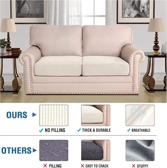 H.VERSAILTEX High Stretch Individual Seat Cushion Covers Sofa Slipcovers Couch Cushion Covers Sofa Covers Featuring Jacquard Textured Twill Fabric (2 Pack for 2 Cushion Loveseat, Natural, Medium)