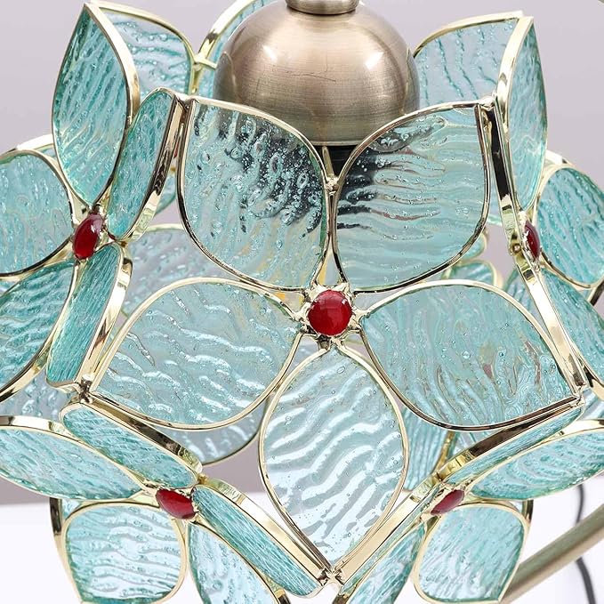 Bieye L10932 Tiffany Style Stained Glass Flower Petal Table Lamp with Brass Base for Home Décor (Light Blue, 8" Apple Blossom)