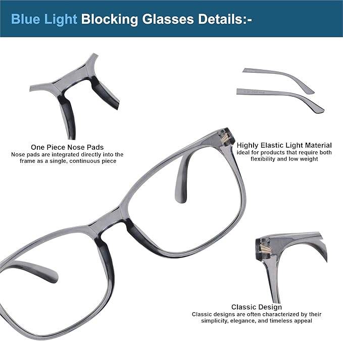 Blue Light Glasses for Woman Men | 99% Blue Light Blocking Glasses | Computer Glassess | Night Driving | Gaming | TV Phone Screen Reader Square Frame | Anti Eyestrain & UV Glare Protection