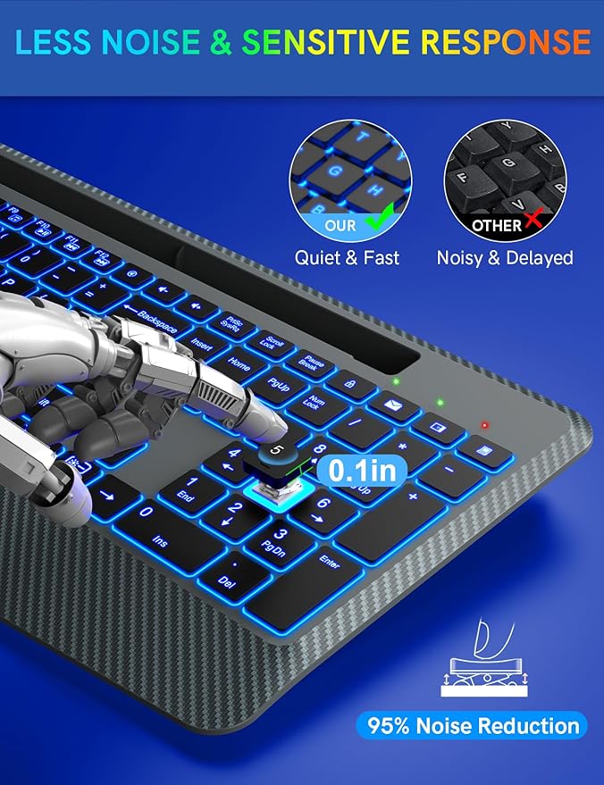 Wireless Keyboard with 7 Colored Backlit, Wrist Rest, Phone Holder, Rechargeable Ergonomic Computer Keyboard with Silent Key, Full Size Lighted Keyboard for Windows, MacBook, PC, Laptop (Gray)