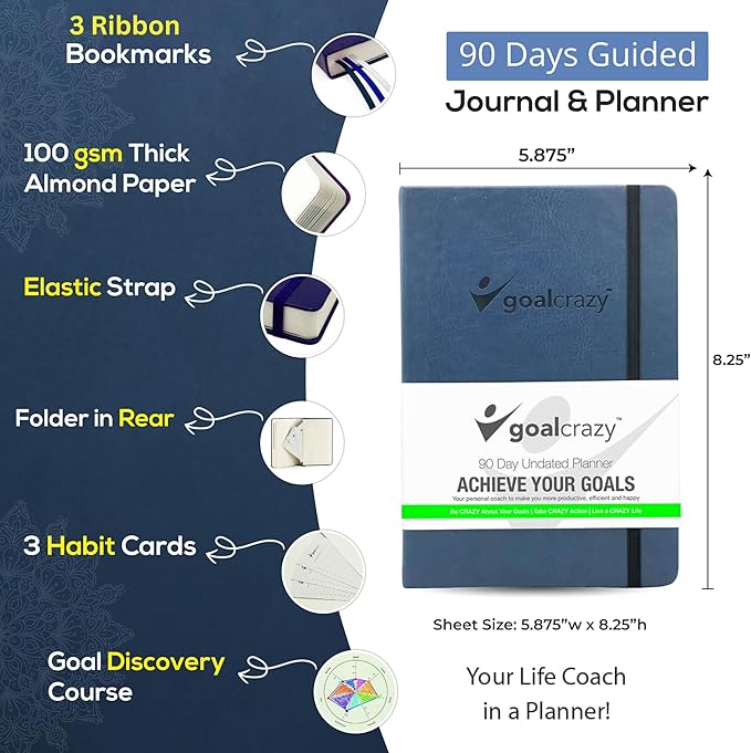 Undated Planner - 90 Day Guided Journal, 2025 2026 Weekly Organization, Productivity Habit Tracker, Inspirational, Life Setting, Navy Blue Leather, Almond Pages