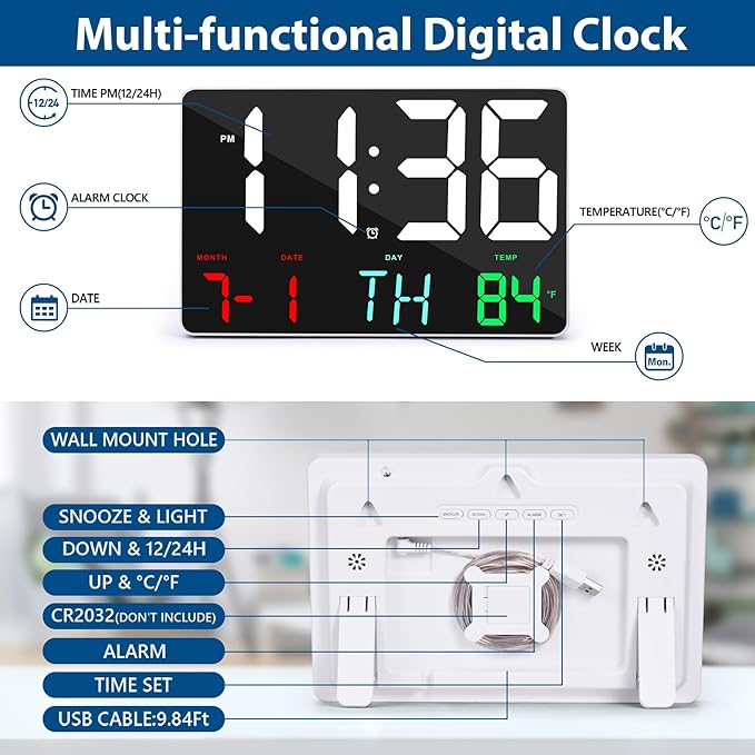 SZELAM Digital Clock Large Display,11.5"Digital Wall Alarm Clock with Remote Control,LED Oversized Electric Clock with Calendar,12/24H,Adjustable Brightness Large Clock for Home Office Kitchen Bedroom