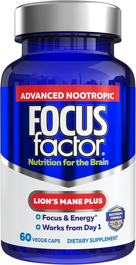 Focus Factor Lions Mane Plus, Advanced Nootropic with L-Theanine, Caffeine, Focus and Energy (60 Count)
