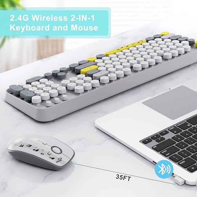 Wireless Keyboard Mouse Combo,Retro Typewriter Keyboard with Round Keycaps,2.4G Wireless Full Size Office Keyboard and Cute Mouse with 3 DPI for PC Mac Laptop Desktop Tablet Computer-Grey Colorful