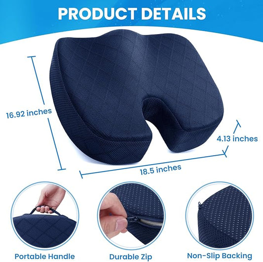 TushGuard Seat Cushion - for Office Chair, Car Seat, Airplane, Bleacher - Sciatica & Coccyx Pain Relief Desk Chair Cushion for Long Sitting Office Workers, Car Drivers(Blue, XX-Large)