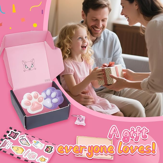 Taba Squishy Paw Gift Box, Cat Paw Squeeze Toys, Handmade Cute FuFu Squishies, Sticky Squishy Cat Paw Fur Ball, Kitty Paw Stress Relieving Fur Toys, YoYo Funny Fidget Toys for Gift, Kids-Purple&White