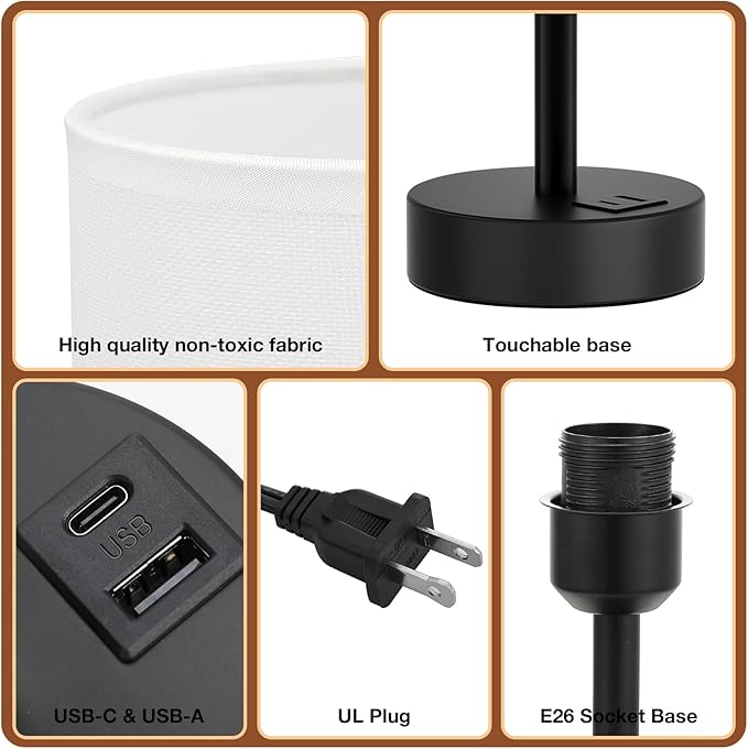 White Touch Table Lamp with USB - 3 Way Dimmable Bedside Lamp for Nightstand, Bedroom Lamp with Black Charging Station for Desk, Office, Kids Room, Dorm, Small