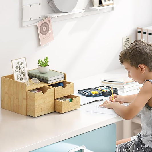 Wisuce Bamboo Desk Drawer Organizer, 3 Drawer Desktop Organizer with Drawers Tabletop Storage Organization Box for Office Home Toiletries Supplies Vanity, No Assembly Required