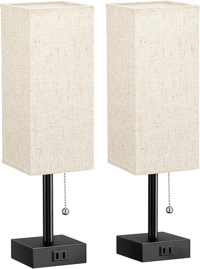 Bedside Table Lamps for Bedroom Set of 2 - Small Rectangular Nightstand Lamp with AC Outlet Charging Port, 3 Color Temperatures Desk Light with Bulb, Tabletop Reading Lamp for Living Room/Dorm/Office