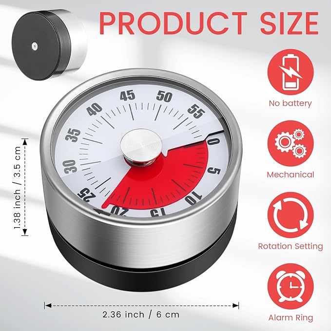 6 Pcs 60 Minute Magnetic Visual Timer 2.36 Inches Small Kitchen Countdown Timer Stainless Steel Mechanical Timing Tool for Classroom Teaching Whiteboard Meeting Working Cooking(White)