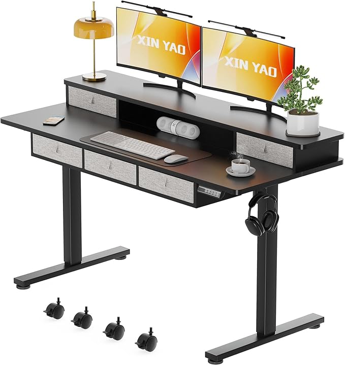 XINYAO Electric Standing Desk with 5 Drawers, 55x24 Inch Height Adjustable Sit Stand Up Desk with Storage Support 290lbs Ergonomic Rising Table with Wheels for Home Office