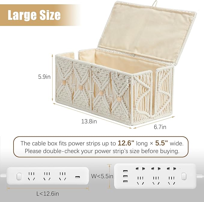 Cable Management Box Handmade Macrame Cord Storage Organizer Power Strips Outlet Router Adapter TV Wire Hider Cover Under Desk Natural Cotton Rope Woven Boxes with Lid (Off White, Large)