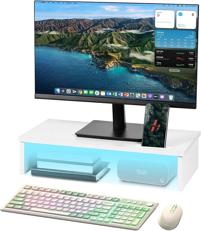 21" Monitor Stand Riser with LED Lights and Phone Holder, Monitor Stand for Desk, Computer Monitor Stand, Desk Shelf for Top of Desk, Desktop Organizer for Laptop, Printer, TV
