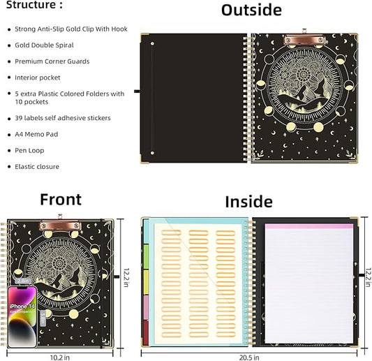 Ospelelf Clipboard with Storage 8.5 X 11,Padfolio Organizer, Spiral Portfolio Letter Size with Notepad, Pen Holder, 5 Extra Folder Divider Pages, Elastic Closure Nurse Office Essentials (Moon)