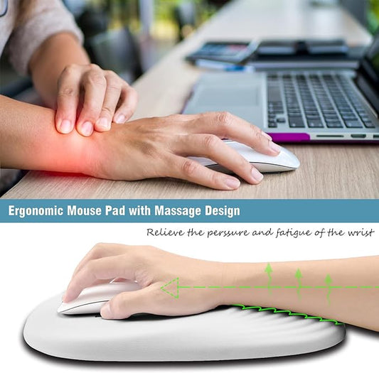 Ergonomic Mouse Pad Wrist Support, White Mouse Pad with Wrist Rest, Entire Memory Foam & Non-Slip PU Base MousePads with Massage Design for Pain Relief, Desk, Office, 12" x 8" x 1.2" Inch