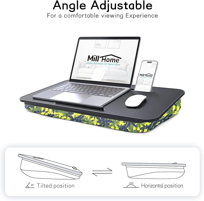 Millhome Lap Desk | Portable Laptop Desk – Fits Up to 17.3" Laptops – Detachable & Washable Cushion, Phone Holder, Device Ledge – for Writing, Working, Reading on Bed, Couch, Sofa, Floor – Green Palm