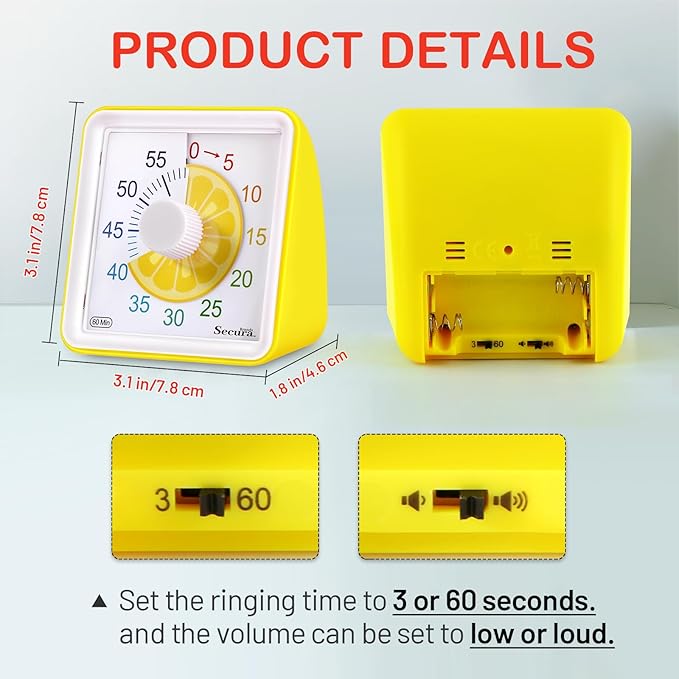 Secura 60-Minute Visual Countdown Timer for Kids & Adults, Classroom Time Management Tool (Yellow)
