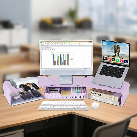 Dual Monitor Stand Riser with Drawer, Desk Organizer and Accessories, Metal Laptop Stand for Desk, Workspace Desktop Stand for Computer, Laptop, TV and More (Purple)