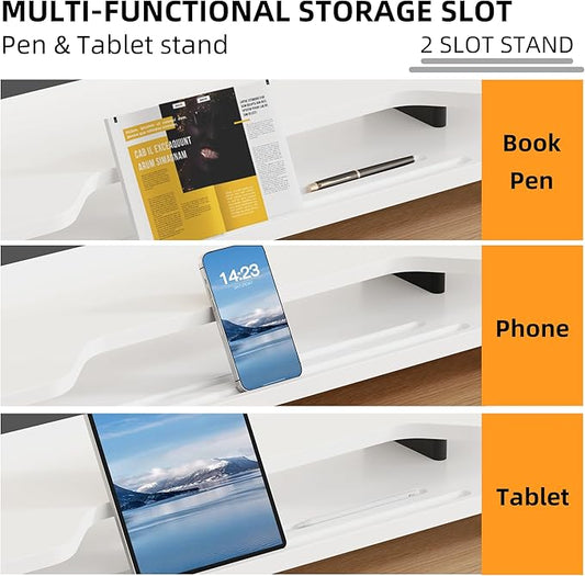 2 Tier Dual Monitor Stand Riser,Wider Board Computer Monitor Stand for 2 Monitors,Slot For Phone/Tablet Office Desktop Organizer for Laptop,PC,Computer,Printer,White