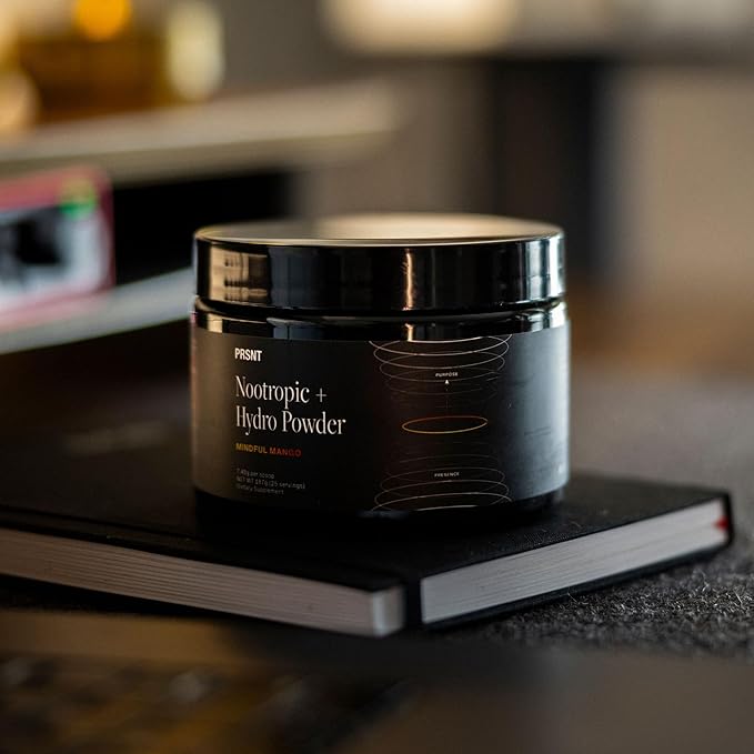 PRSNT Nootropic Drink Powder – Mango Flavor – Focus, Energy & Brain Boost Supplement – Lions Mane, Alpha GPC, L-Tyrosine, Magnesium, Electrolytes – 25 Servings, Caffeine-Free, Sugar-Free