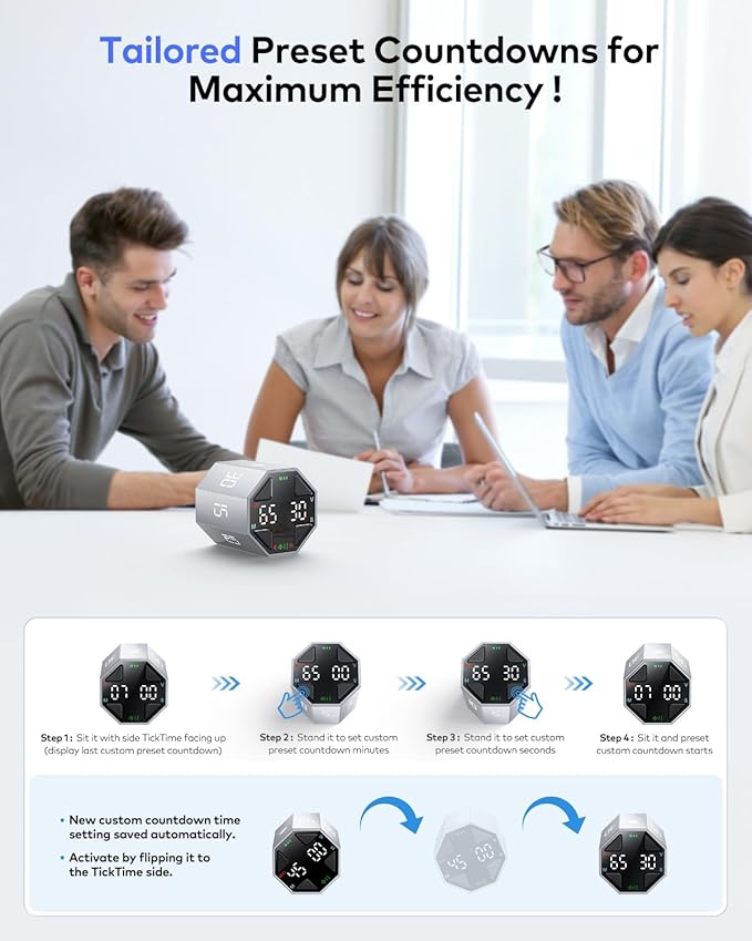 Pomodoro Timer Cube, Custom Pomodoro, Pause & Resume, Silent, Vibrate & Adjustable Sound Alert, for ADHD, Task, Work, Study, 3/5/10/15/30/45/60min & Custom Countdown,Silver