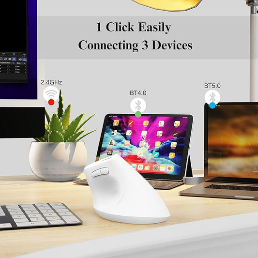 Ergonomic Mouse,Wireless Mouse,Bluetooth Vertical Mouse with BT5.0/4.0/2.4G, Rechargeable with Battery Indicator,Ergonomic Design for Comfort and Reduced Wrist Strain for Home,Office Use(White)