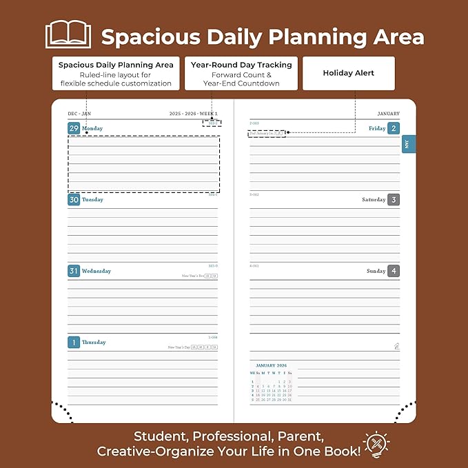 Weekly Monthly 2026 Planner (Jan.26-Dec.26),6.5"x3.75",12 Months Agenda Plan with Month Tabs & Pocket,Expenses/Note Pages, Appointment Book Calendar with Hardcover Vegan Leather Cover,Brown