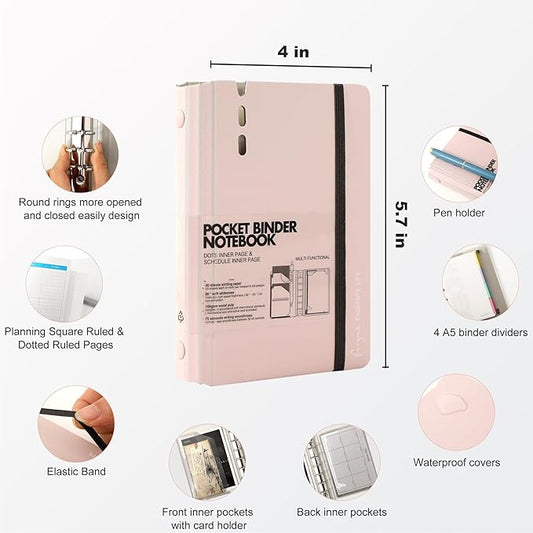 CAGIE A7 Binder 6 Ring Notebook with Dividers Refillable Planner Binder with Pockets, Refill Paper Include Planning Square Ruled and Dotted Pages, 4.13 x 5.71 In, (Light Pink, A7 Hourly&Dot Page)