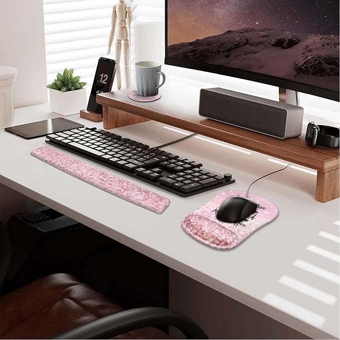 HAOCOO Pink Mouse Pad Support, Keyboard Wrist Rest, Gel Wrist Rest for Computer and Mouse Pad Set, Anti-Slip Base, Keyboard Pad with Coaster for Office Home Women, Stay Positive