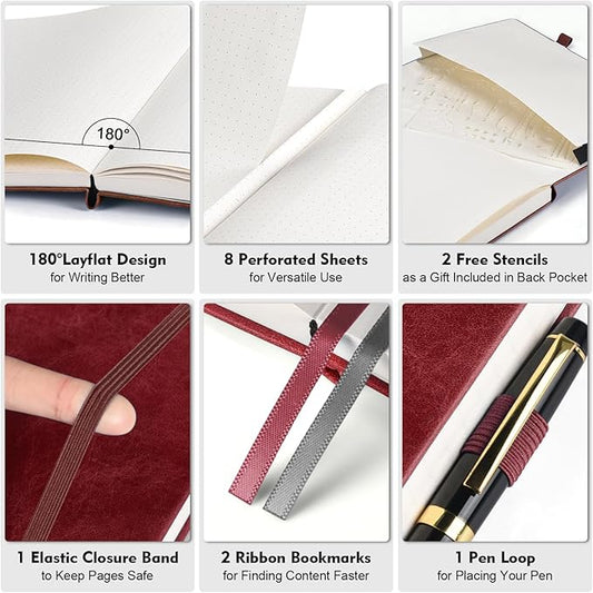 Bullet Dotted Journal Notebook, 312 Numbered Pages A5 Hardcover Leather Journal, 100gsm No Bleed Paper Dot Grid Notebook with Index Pages, Dot Journal for Women Men, 5.75" x 8.38", Burgundy