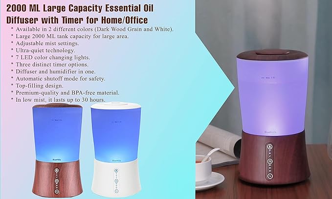 BlueHills Large 2000 ML XL Essential Oil Diffuser Aroma Humidifier 2 Liter Capacity for Big Living Room Home Baby Long Run XL Huge Coverage Area High Mist Timer Large Diffuser Dark Wood Grain 2L S3