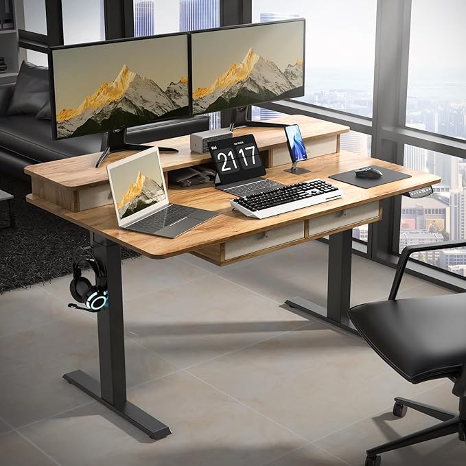 63 * 30 Inches Electric Standing Desk Adjustable Height with 4 Drawers, Double Storage Shelves, Home Office Workstation Sit Stand up Desk (Light Rustic Brown)