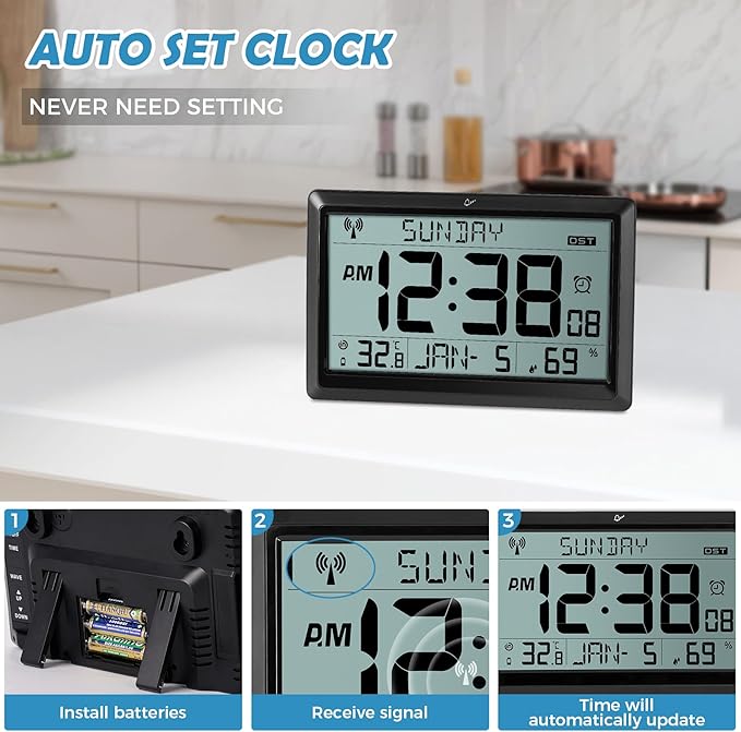 SZELAM Atomic Clock,10.5"Large Display Digital Wall Clock Battery Operated,Digital Calendar Auto Setting Desk Clocks with Indoor Temperature,Humidity,Date,Day,Auto DST for Elderly Bedroom-No backlight