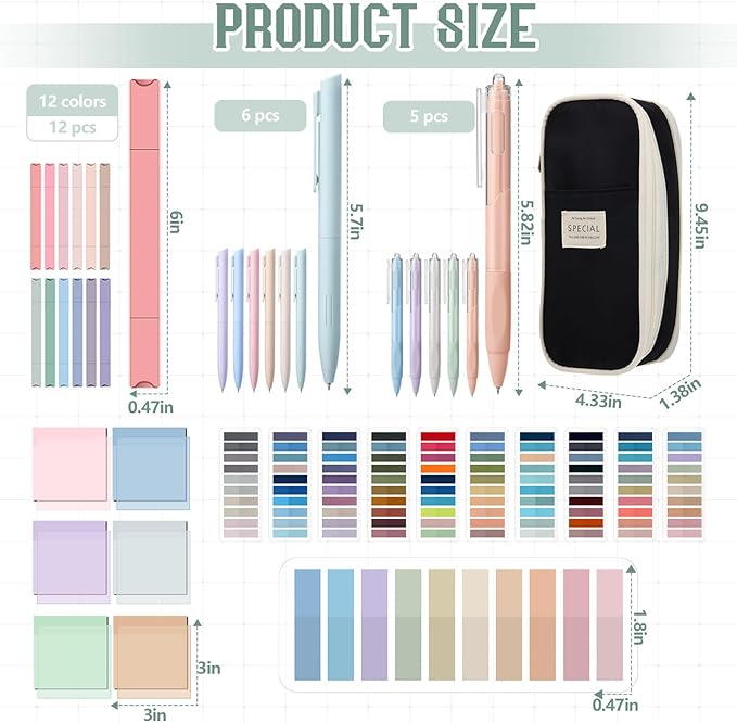 135 Pcs Book Annotation Kit Aesthetic Pencil Case Bag with 12 Highlighter 11 Gel Pen 1 Marker 300 Sheets Transparent Sticky Notes Pads 2640 Index Tabs Bible Study Supplies for School Gift(Black)