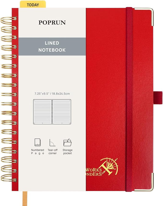 POPRUN Lined Spiral Journal Notebook for Women & Men, 7-1/4" x 9-1/2", 220 Numbered Pages, College Ruled Hardcover Notebook for Work, Journals for Writing, 120 GSM Thick Paper - Red