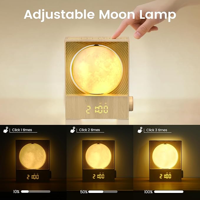 Sunrise Alarm Clock, 360-Degree Rotating Moon Lamp & 10 White Noise Sounds, Dual Alarm & Snooze for Heavy Sleeper, Timer, Wooden Bedroom Light Gift - Wood