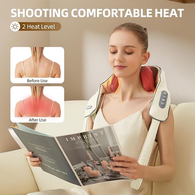 Cordless Neck Massager with Heat, Electric Neck Shoulder Massager with Heat, Kneading, 6-Point for Deep Tissue Pain Relief, Rechargeable Battery, Brushless Motor