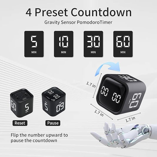 Productivity Timer Flip Gravity Sensor Cube Timer Countdown & Countup,Mute & Vibrate & Sound,5/10/30/60min & Custom Timing, Perfect for ADHD,Work,Learning,Kitchen Cooking
