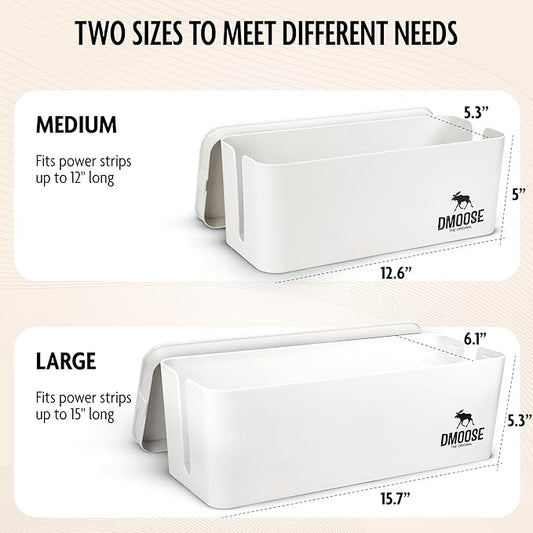DMoose Cable Management Box - 2 Pack Medium & Large Cord Organizer for Desk & Floor - Cable Organizer Box for Child & Pet - Cable Box Hider for Tidy Office & Home, Power Strip Cover (White, Pack of 2)