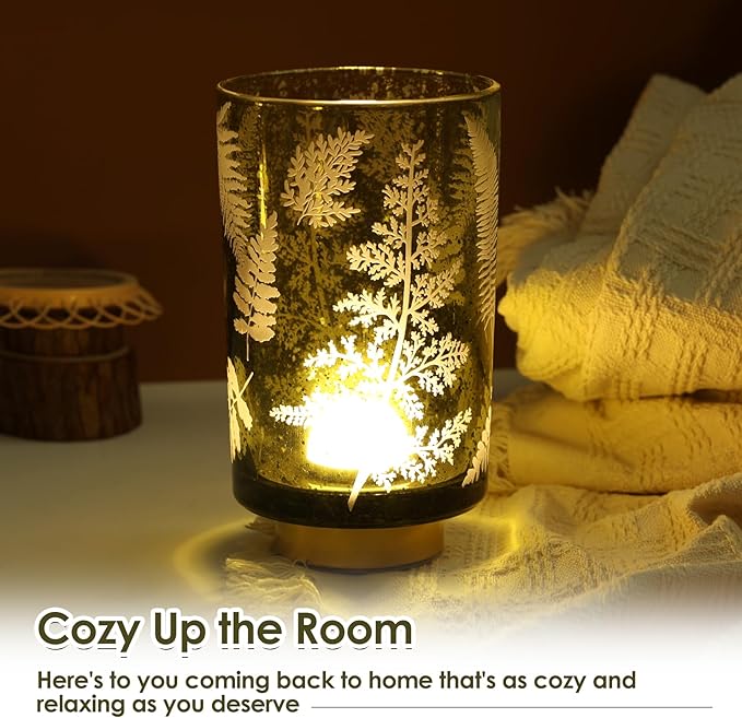 Eywamage Large Battery Operated Glass Table Lamp, Boho Green Ferns Leaves Mood Light with Remote, Cordless Bedside Accent Lamp Room Decor