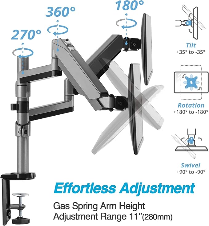 AVLT Dual 13 to 27 in Stacked Monitor Arm Desk Mount, Fits Two Flat or Curved Screens, Full Motion Height Adjustable Swivel Tilt Rotation, VESA C-Clamp Grommet Cable Management