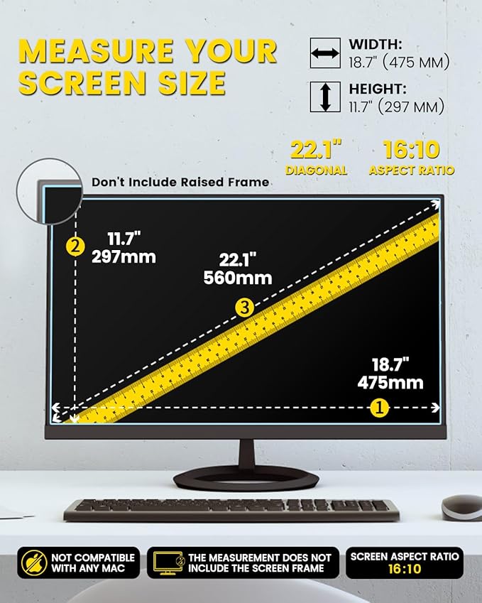 F FORITO 22 Inch 16:10 360°Privacy Screen Protector for Computer Monitor, Removable Eye Protection Anti Blue Light Anti Glare Computer Screen Privacy Shield for 22" Widescreen Monitors